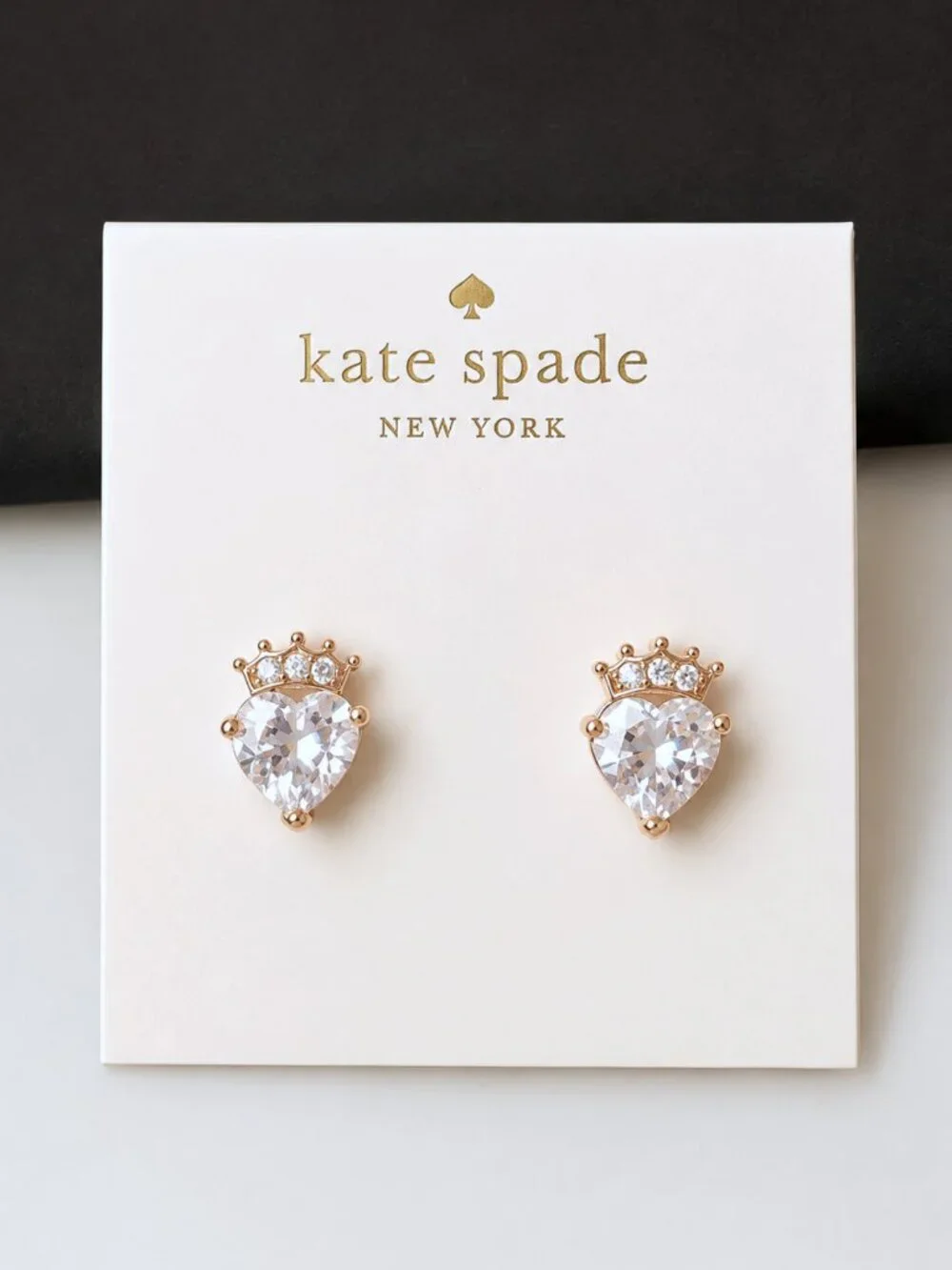 Kate Spade Crystal Heart Crown Stud Earrings Gold Tone Princess Jewelry